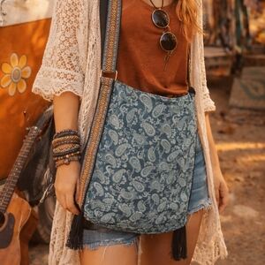 BOHO☮Paisley Crossbody Bag in Blue with Tassels & Adjustable Strap